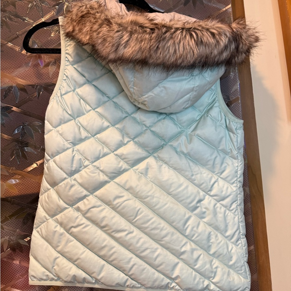 Eddie Bauer Light Blue Quilted Vest with Faux Fur Hood